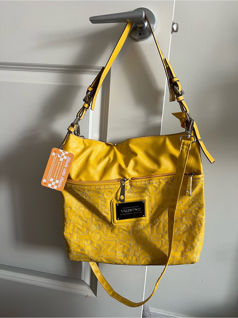 Authentic Valentino Bright Yellow Embossed Logo Shoulder Bag